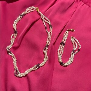Vintage Fresh water rice Pearl And Amethyst Multi strand necklace with Bracelet